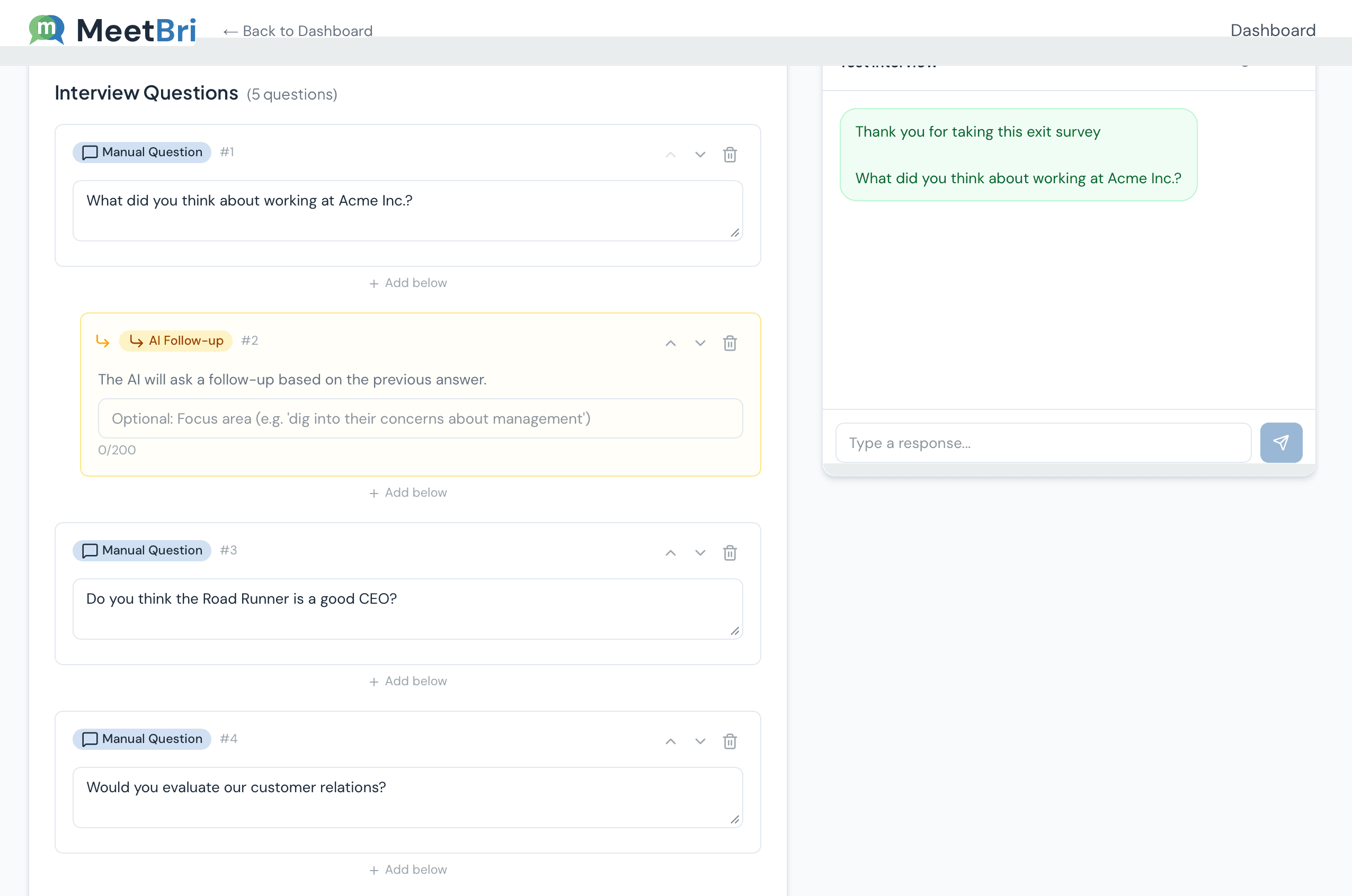 MeetBri self-service campaign builder — create questions and preview your AI interview